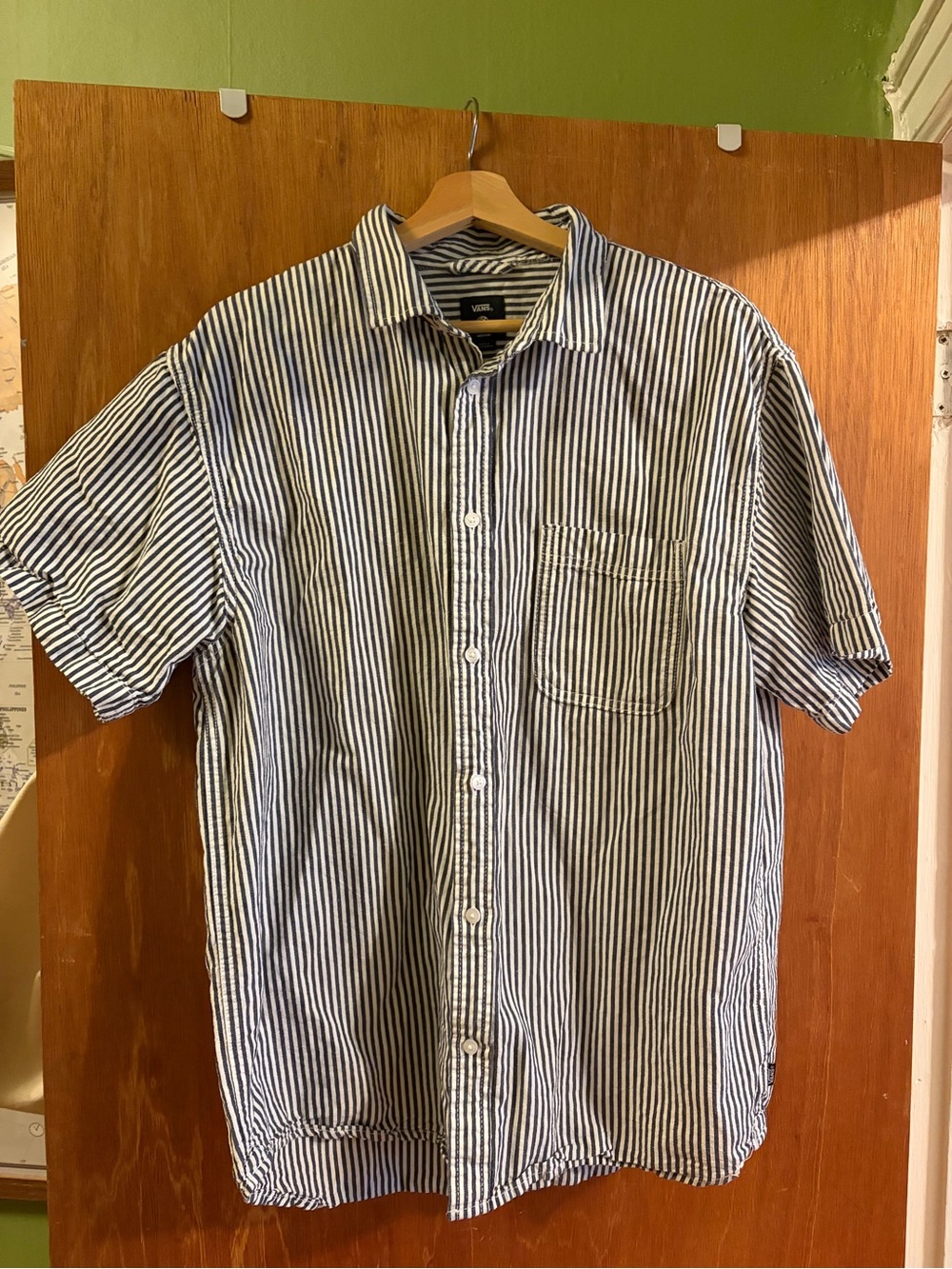 Vans Navy and White Striped Short-Sleeve Button-Up Shirt